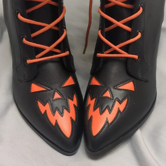 Halloween Black and Orange Scary Jack O' Lantern Lace-Up Boots - Picture 7 of 10